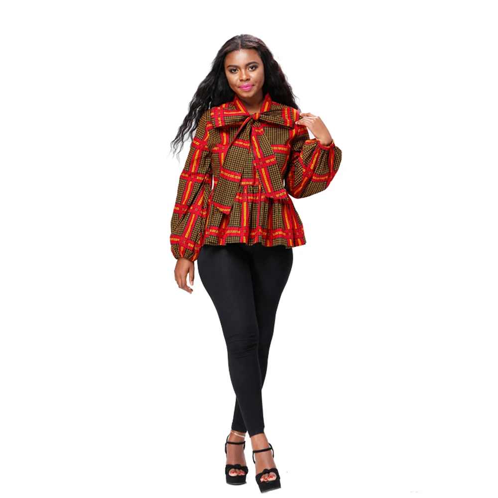 Fashion spring african print women long sleeve bow blouse ruffle bottom design casual top