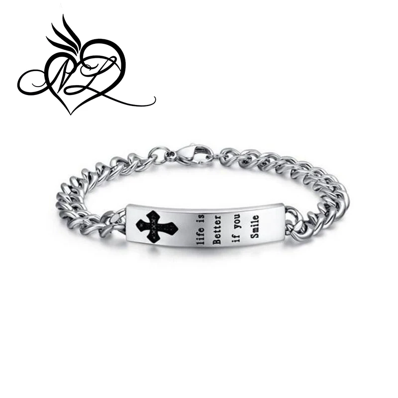 Stainless Steel Cubic Zirconia Cross ID Couple Bracelet Link Chain for Valentine Lover Promise