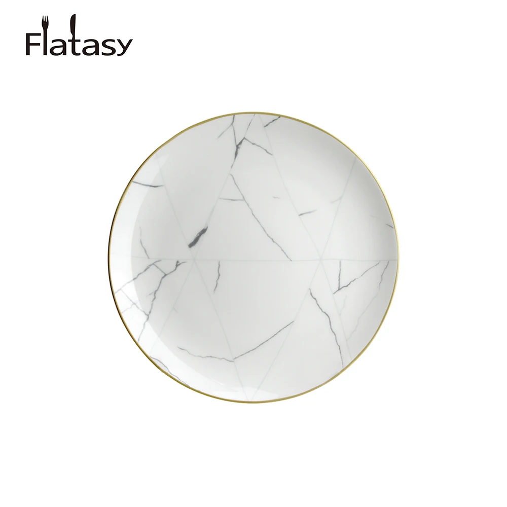 Hot sale wholesale cheap luxury gold rim white marble patterns round ceramics charger plates set for wedding party and hotel