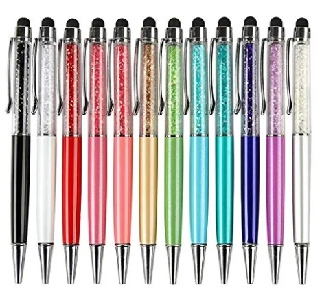 Customized Logo Colorful Stainless steel ball pen 2-in-1 Slim Crystal Diamond Stylus pen and Ink Ballpoint Pens (12 colors)