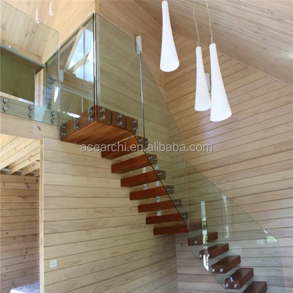 Indoor Solid Wood Floating Staircase Handle with Glass Railing