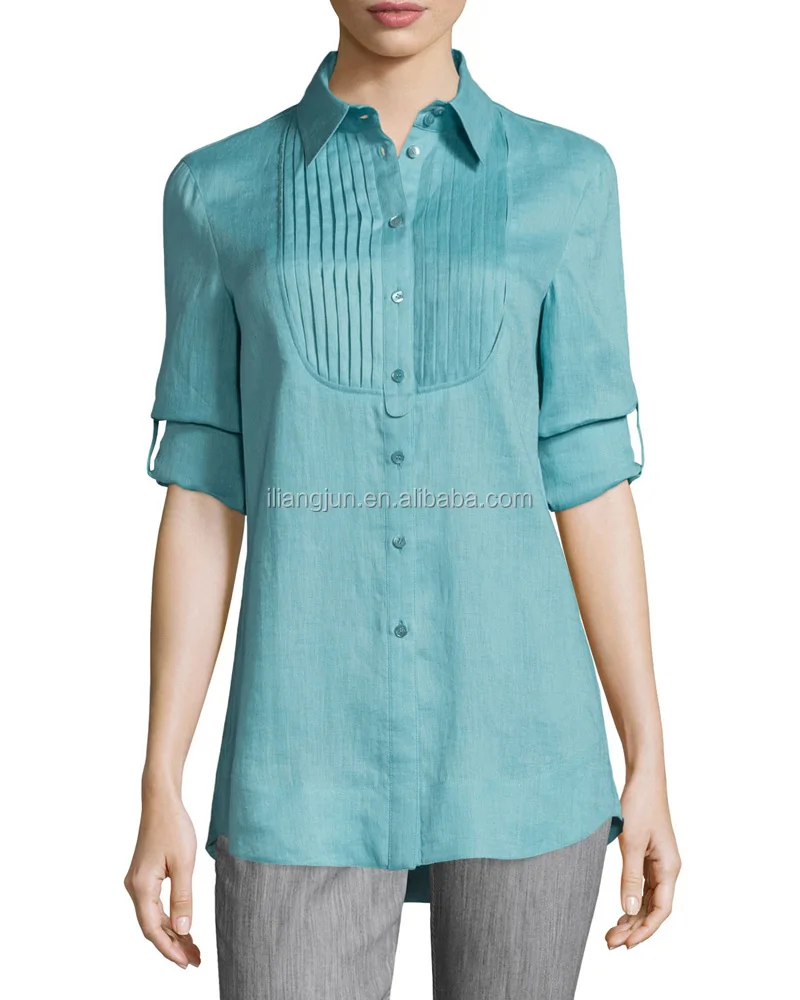 Women button front pleated bib tunic long sleeve