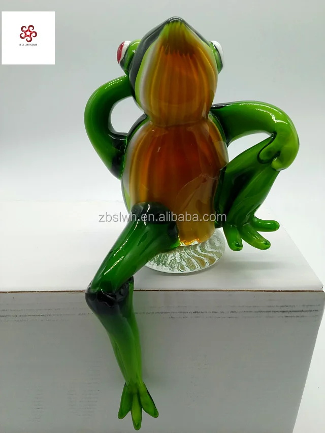 Hand Blown Funny Murano Glass Craft Figurine Green Frog