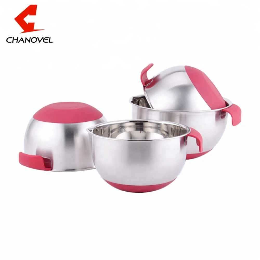 High quality 304 stainless steel japanese style handle mixing bowl with silicone bottom and measurer