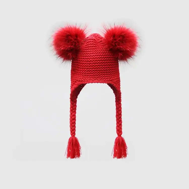 Kids Size Real Raccoon Fur hat Attached Wool Blend Crochet knitted string pom pom beanie for girls