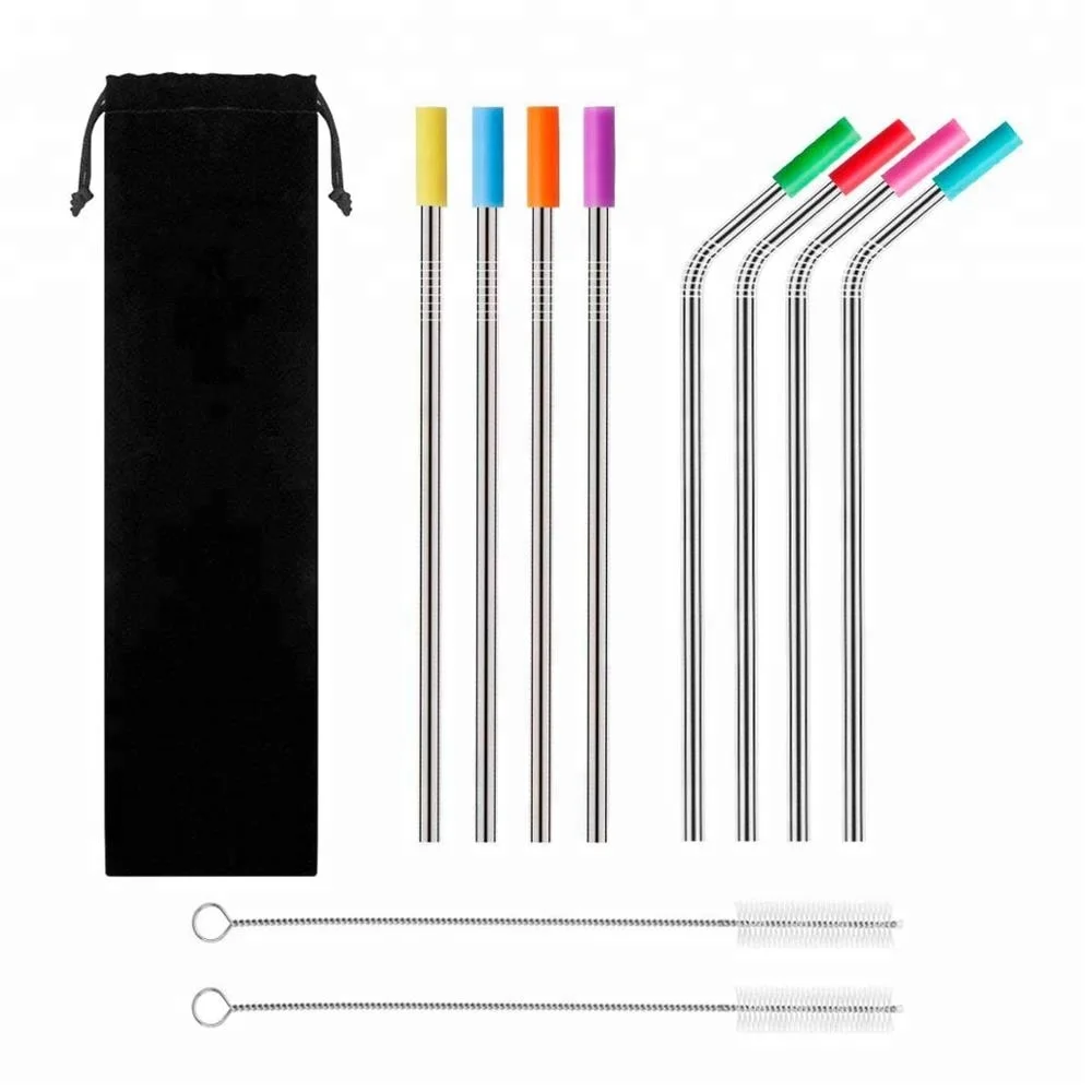 
Wholesale Custom Logo Reusable Stainless Steel 304 Drinking Straws Metal Straw with Silicone Tips & Cleaning Brush 