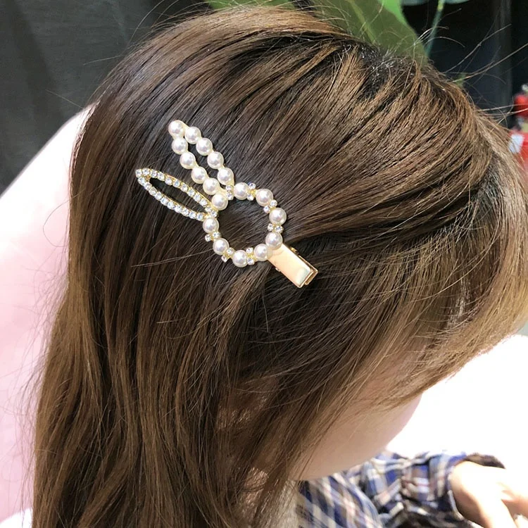 Sweet cute women girls gold plated pearl rabbit barrettes hair clip