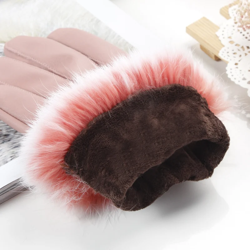 Cheap fur touch screen warm pu synthetic leather ladies hand gloves
