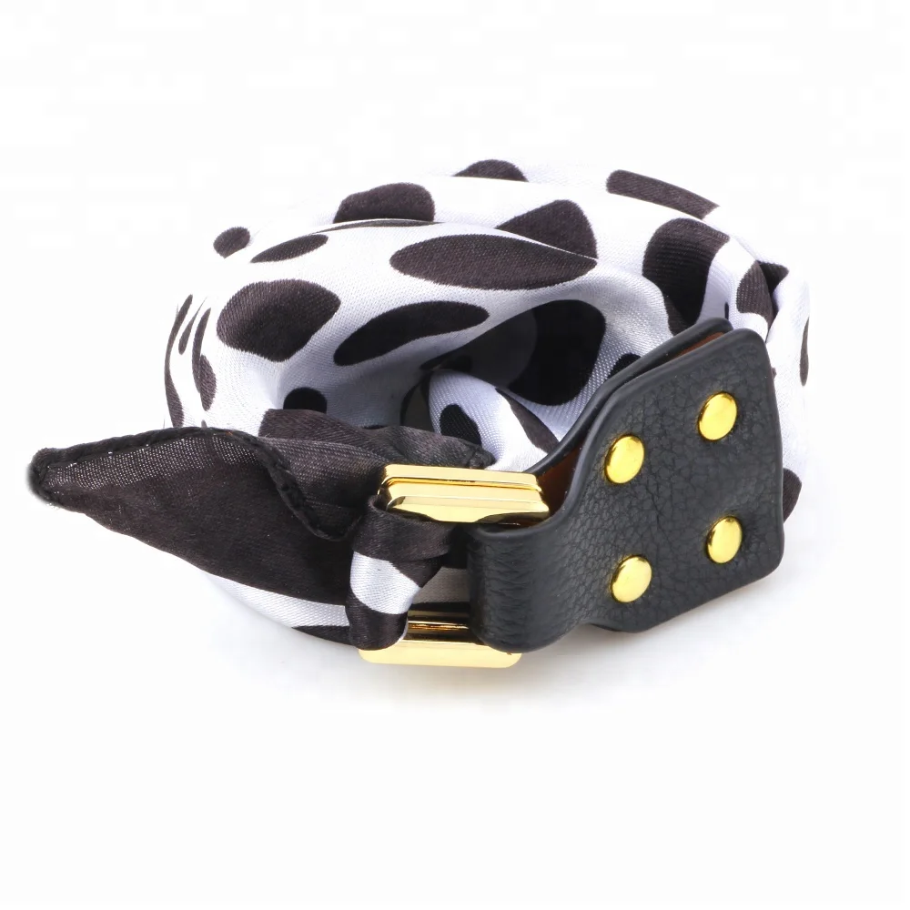 Womens fashon silk fabric scarf wrapped wristband leather buckled bracelet