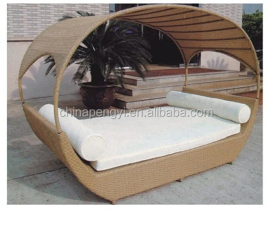 Outdoor Wicker Patio Espresso Canopy Bed with Red Cushions by roots