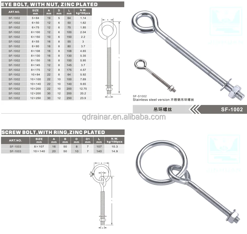 d1/4 to 2 1/2 inch 300mm length zinc plated eye bolt with nut