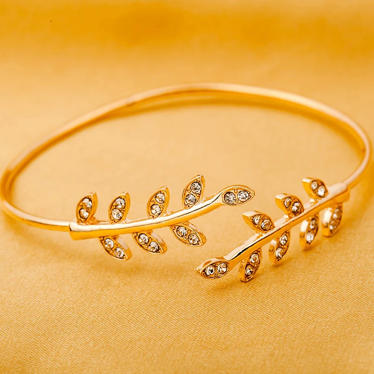 Korea Style Elegant Crystal Leaves Open Bangle Silver Gold Simple Cuff Bracelet for Women Accessories Pulseira Feminina Braslet