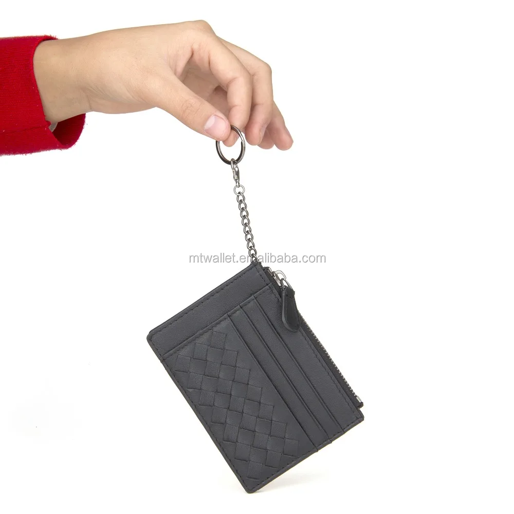 Colorful woven leather keychain credit card holder key card holder, key ring credit card holder with zipped coin pocket