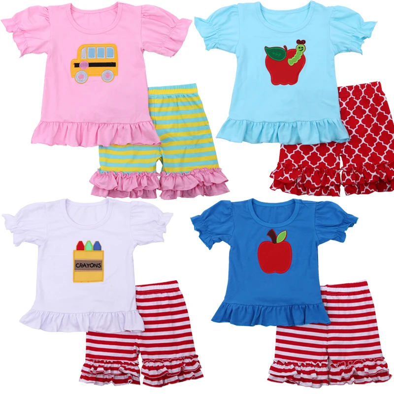 Summer kids girls clothing short sleeve blank cotton top shirts with appliques and shorts back to school outfit