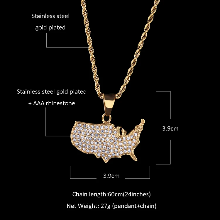 Мужская подвеска в стиле хип-хоп с золотой отделкой в виде карты Америки, ожерелье со стразами, длинная цепь для тенниса, очаровательные украшения в стиле панк 2019