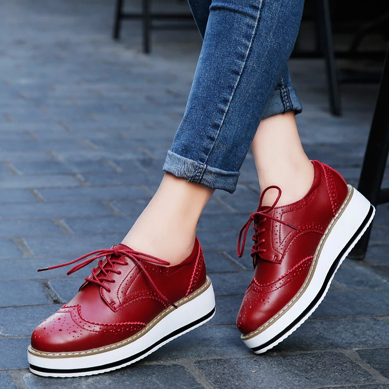 
High quality cow leather women lace up brogue shoes platform fashion lady shoe brogues 