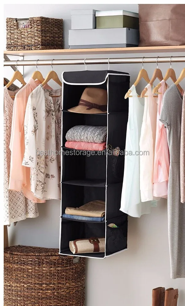 5-Shelf Hanging Closet Organizer, 6 Side Mesh Pockets Breathable Polypropylene Hanging Shelves - for Clothes Storage