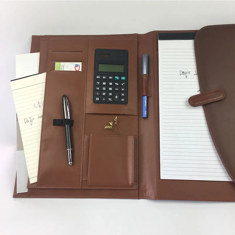 Good quality A4 leather portfolio file folder manufacturer, portfolio folder with calcutator