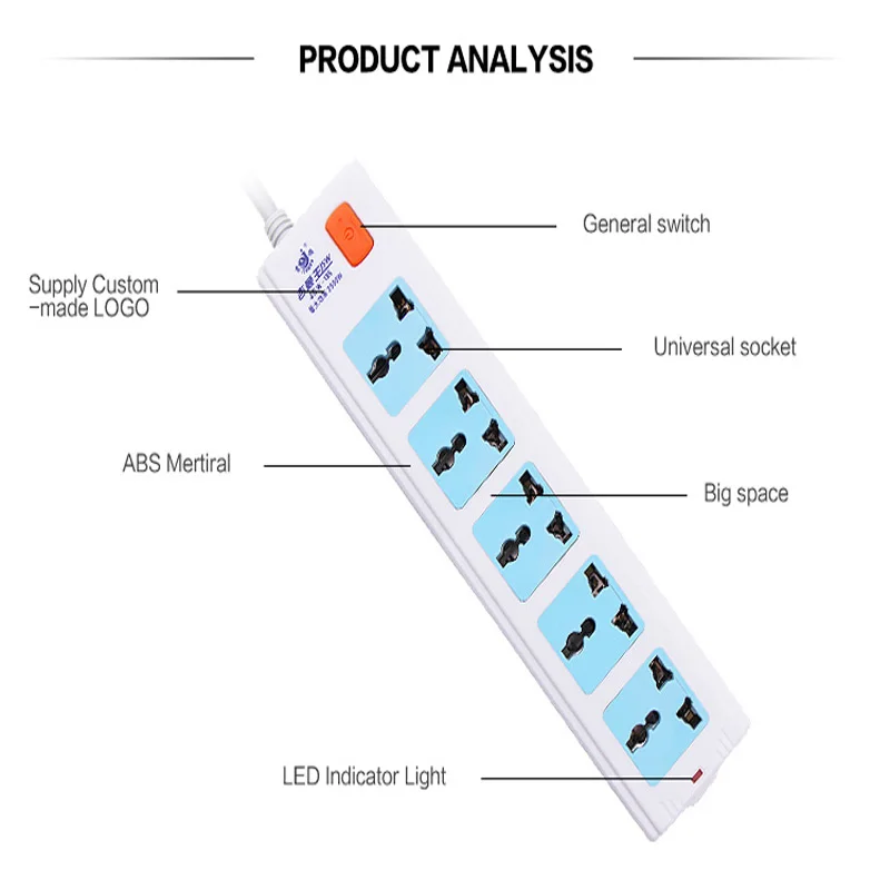 250v 10amp 5 sockets multi plug power extension power cord