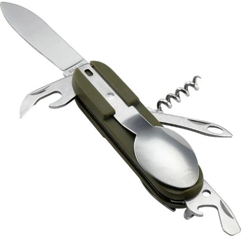 Outdoor multifunction foldable spoon fork blade can bottle opener camping picnic cutlery custom logo