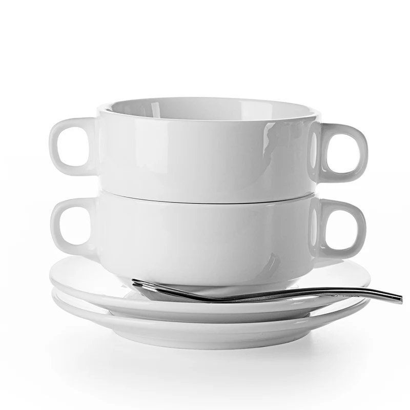 White Porcelain  270ml Stackable Soup Bowl With Handle&Saucer, Ceramic Bowl Wholesale, Porcelain Bowl White@