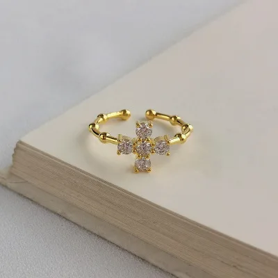 New Minimalist Bamboo Pave CZ Cross Charm Ring 925 Sterling Silver Open Cuff 18k Gold Ring Jewelry for Birthday Wedding