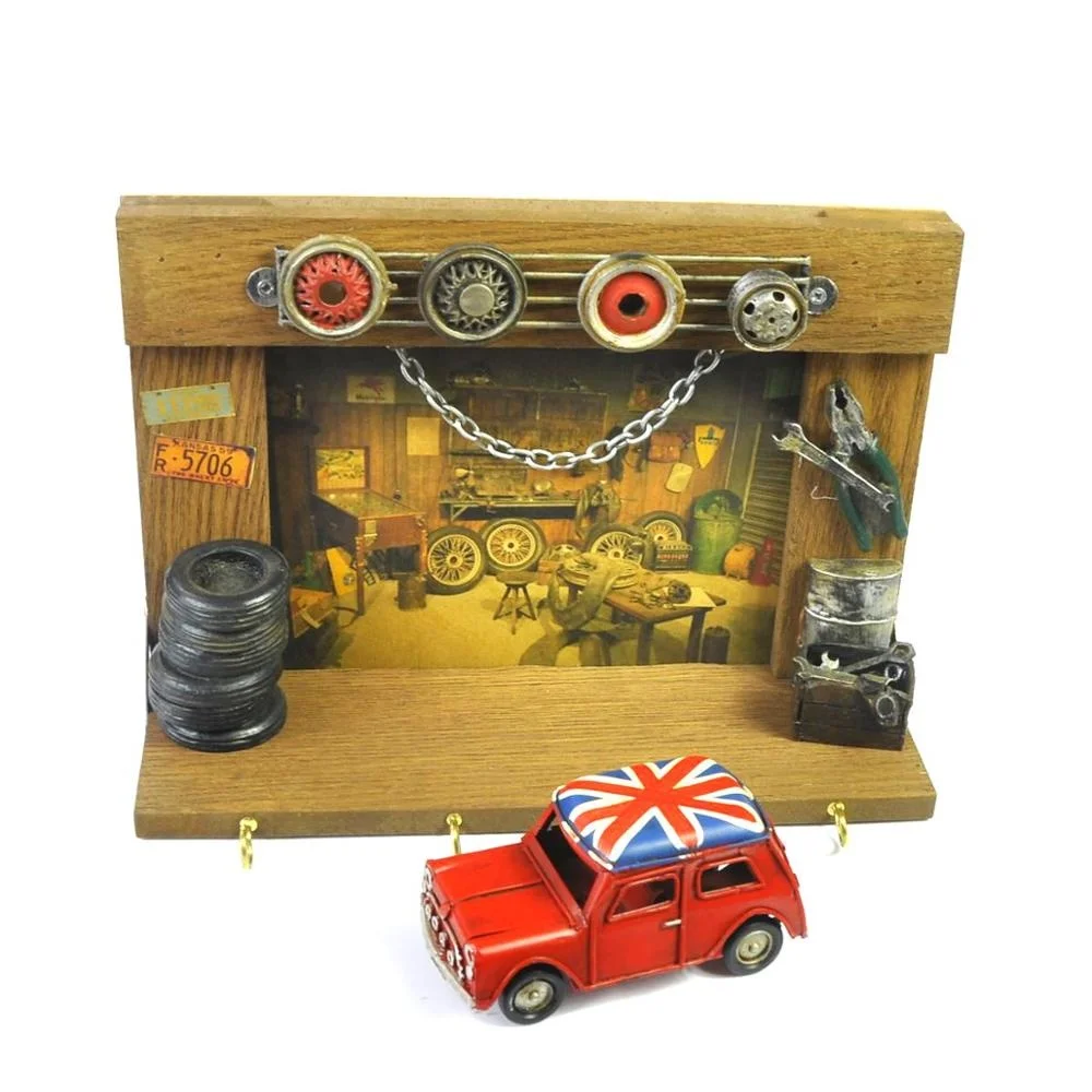 Handmade Wooden Vintage Photo Frame Antique Retro Wall Decor With Shop Front Red Car Model Metal Craft For Bar Cafe Restaurant