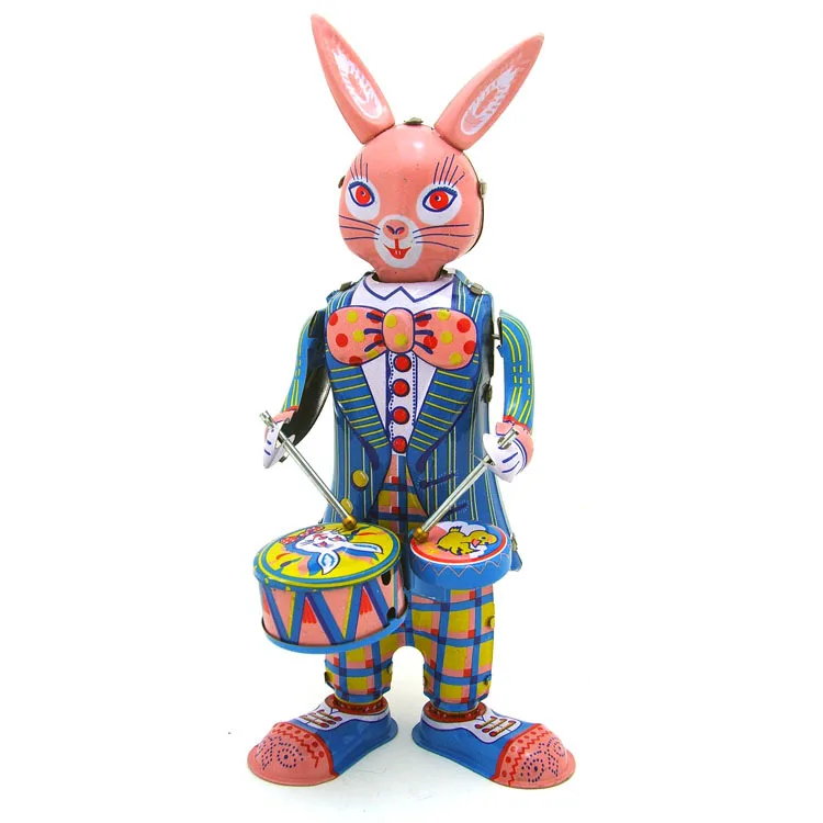 Collectible Drumming Happy Bunny Tinplate Material Wind Up Toys For Bar Decoration