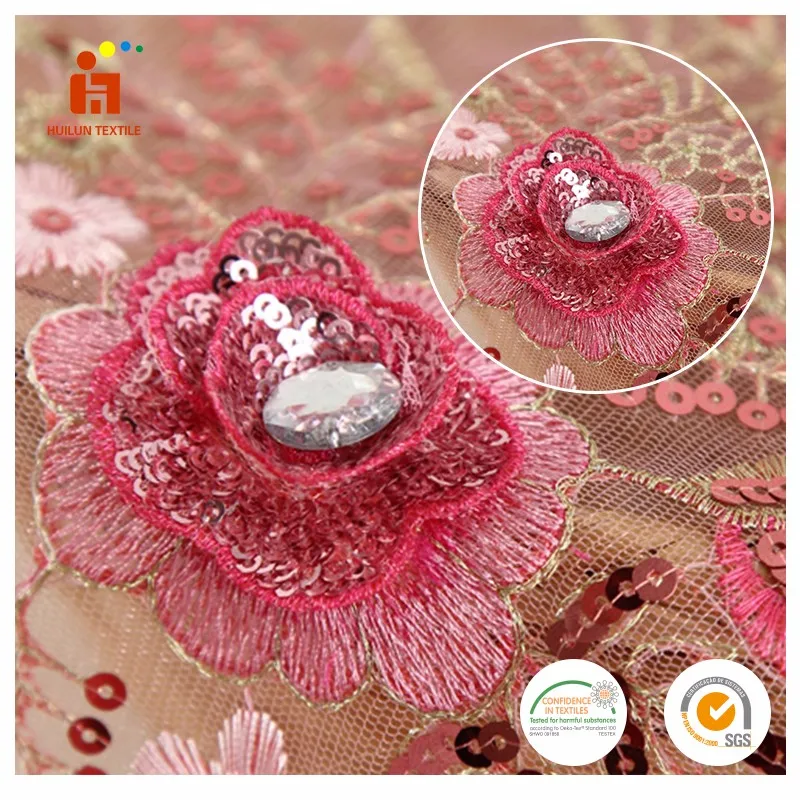 Hot products 2022 polyester mesh pink 3D flower sequin hand beaded embroidery lace