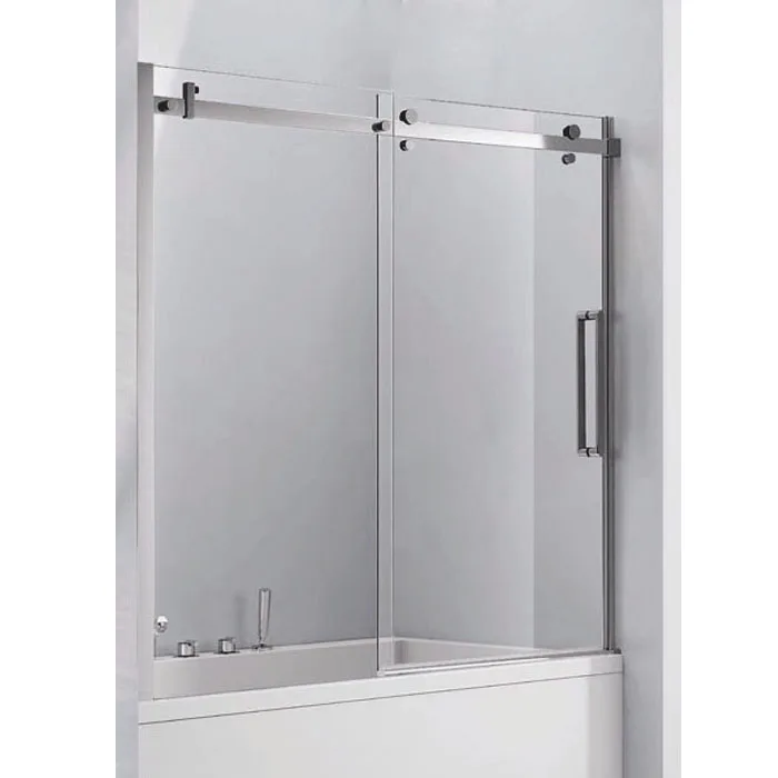 
Sliding door frameless shower screen over bath 