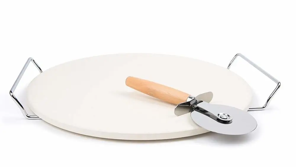 Cheap price heat resistance round or rectangle pizza stone set,ceramic pizza baking stone with pizza cutter and serving rack