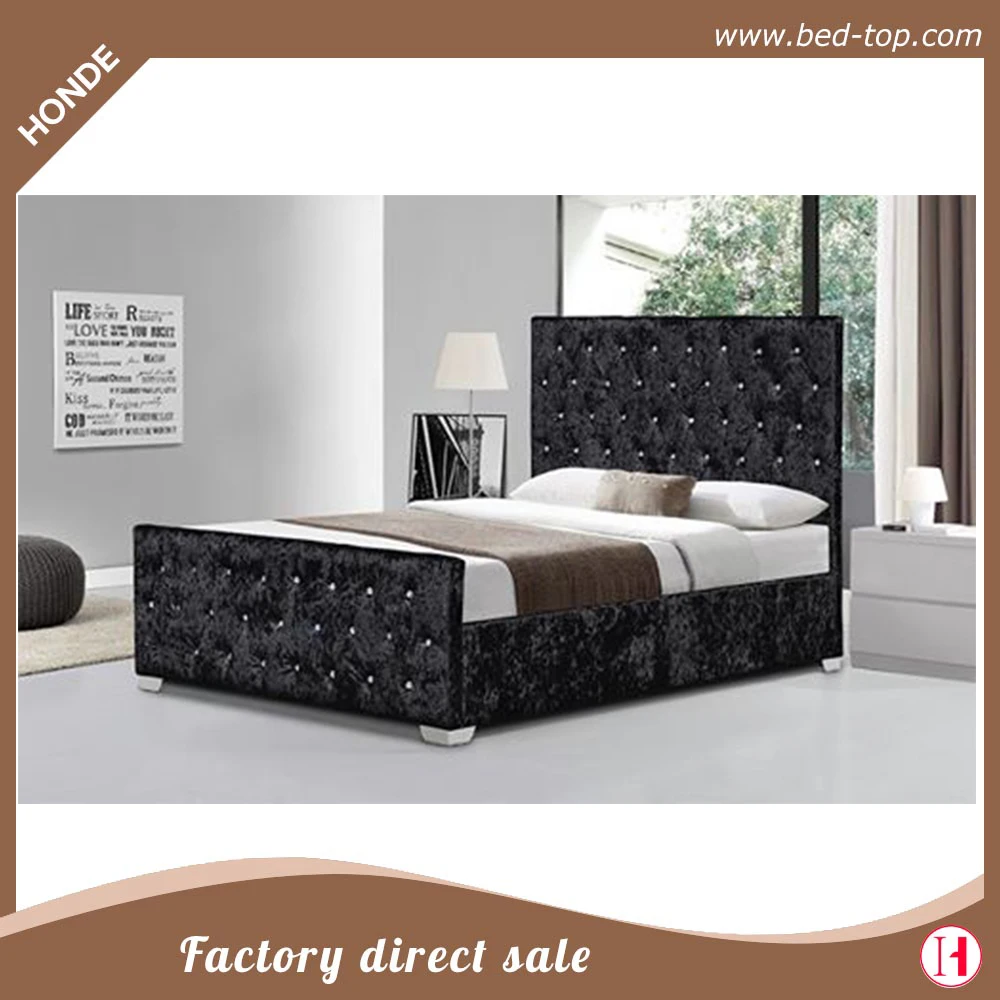 French Style Diamond Velvet Fabric Upholstered Bed With High Headboard