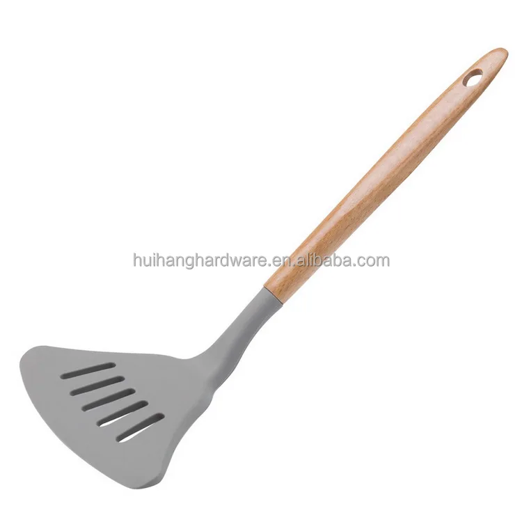Factory Price Eco-Friendly Feature Silicone Fish Turner with Beech Wooden Handle