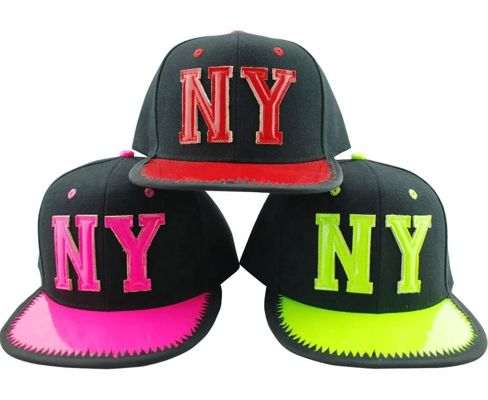 
100% cotton 6 panel NY Neon Felt Applique Flat Bill Cap 