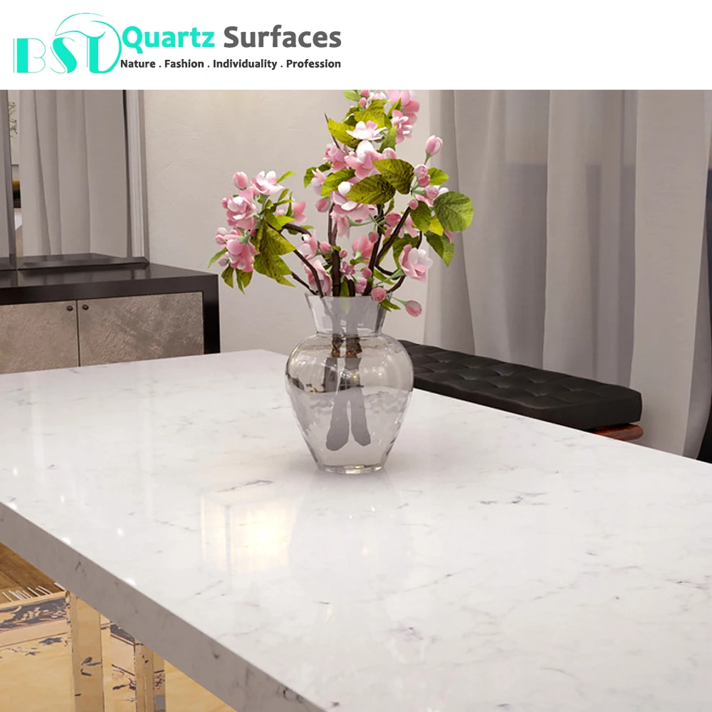White Misty Carrera Restaurant luxury Quartz Table Top Kitchen Counter Top Vanity Top Island
