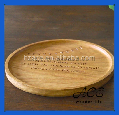 Customization Laser Logo Round Tray Round Shape Wooden Serving Plate Wooden Fruit Plate Food Safe Varnish Rubber Wood Tray
