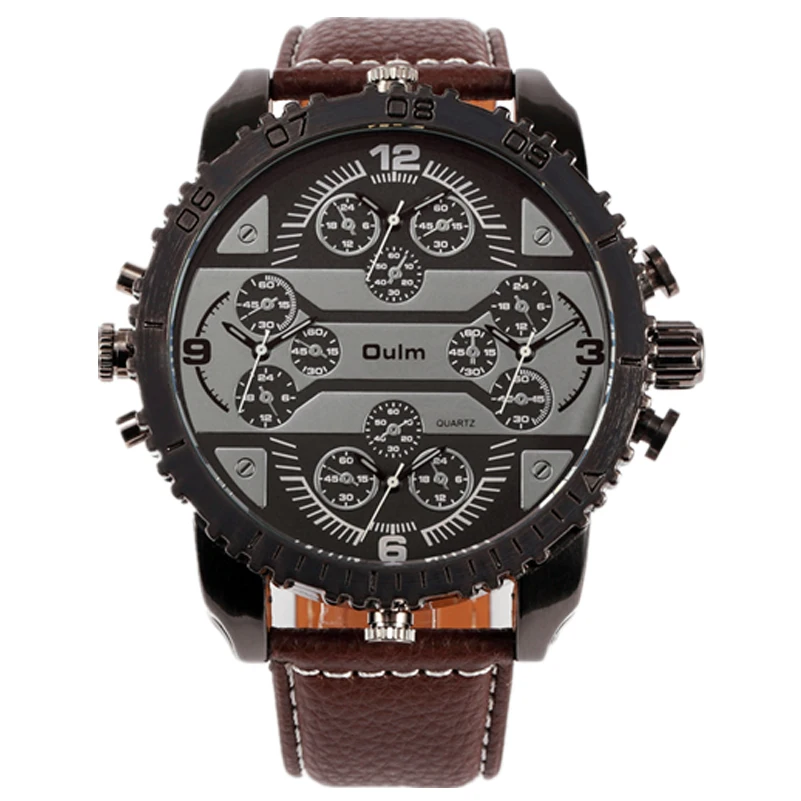 Relojes Oulm 3233 2016 New Fashion Quartz Men Wrist Watches 4 Time Zone Leather Strap Colorful Analog Wach