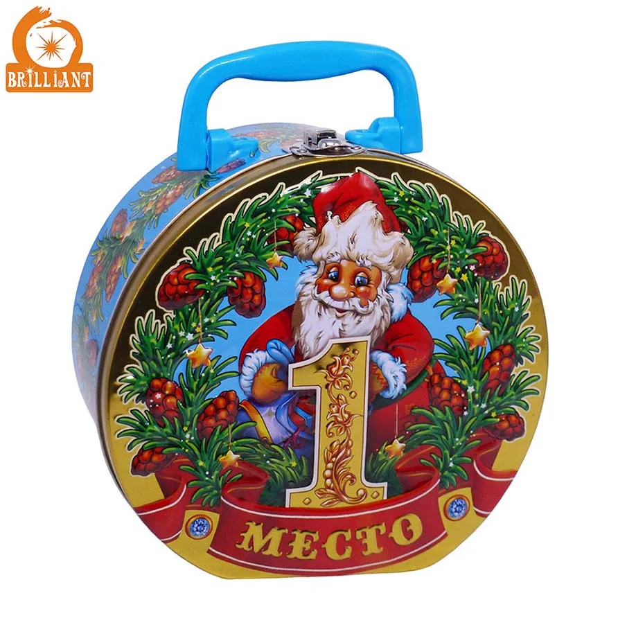 
2018 Hot selling christmas tin box with embossment and handle, custom metal lunch tin can for xmas gift packaging 