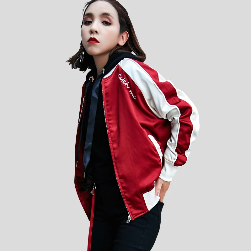 Oversized Embroidery Black Satin Women Jacket