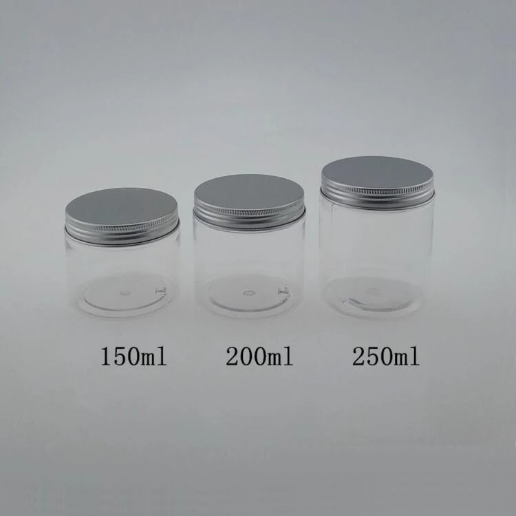 
150ml 200ml 250ml Plastic PET Jar with Aluminum Cap, 5oz 6oz 7oz Clear Jar with Aluminum Cap 