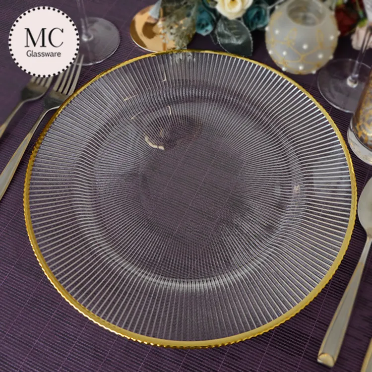 Rose gold rim wholesale clear glass charger plates