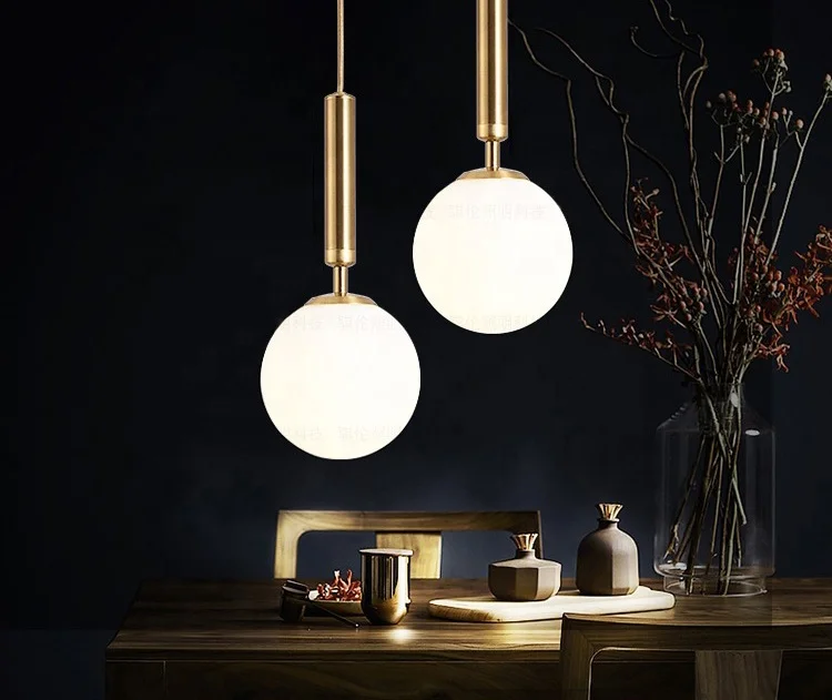 Modern Contemporary Small Ball Glass Pendant Lamp shade Brass Pole Hanging Light for Bedroom