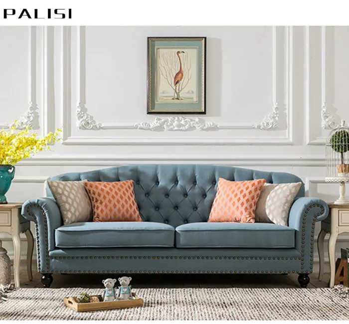 Tufted American Country Sofa Design 1 2 3 seat  Fabric Material Collocation Vintage Sofa Set Design Wood Legs