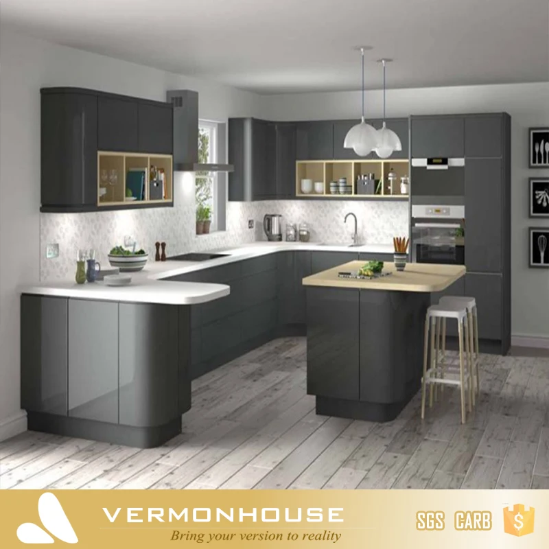 2022 Latest Modular Kitchen Furniture With Grey High Gloss Paint Finish
