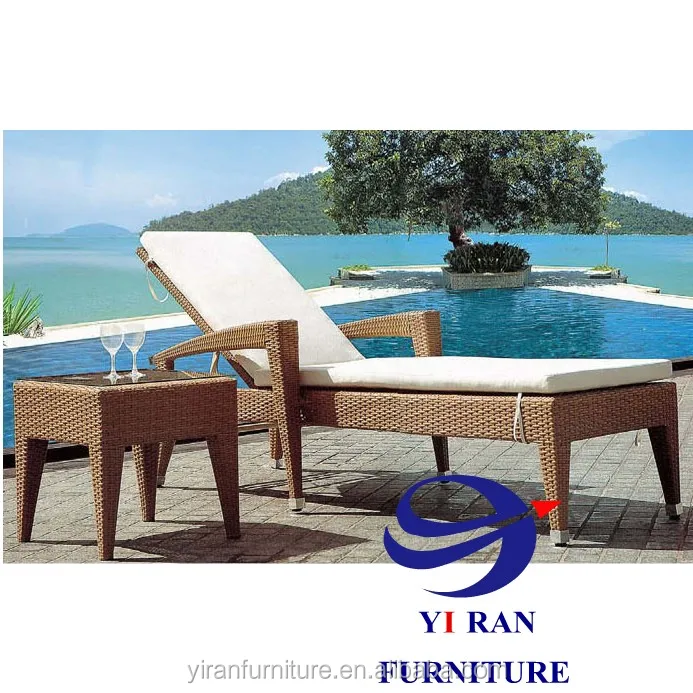Swimming pool rattan lounge chair with small coffee table teak armrest hot sale outdoor rattan furniture