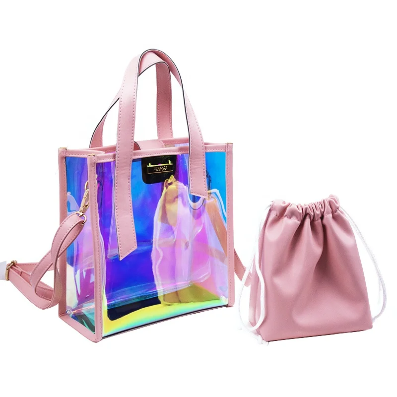 Fashion shoulder tote bag set shiny lady pvc clear holographic handbag