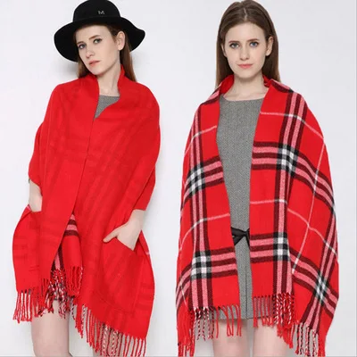 
Reversible Long Scarf Cashmere Feel Stole with Pocket Europe and America oversized thick pocket fringed cashmere plaid scarves 