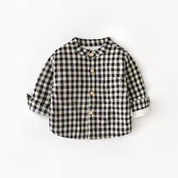 Оптовая продажа, новый стиль, модная рубашка для мальчиков с хлопковой подкладкой, детская повседневная одежда, черно-белая клетчатая рубашка для мальчиков