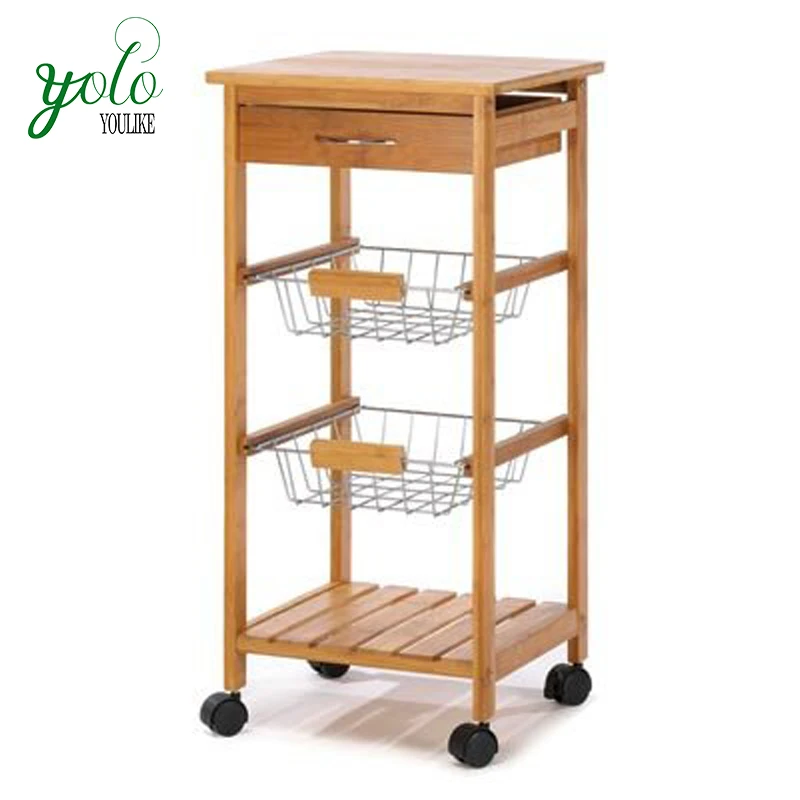 Kitchen Bamboo Wood Food Service Carts Trolley Rolling Steel Cart