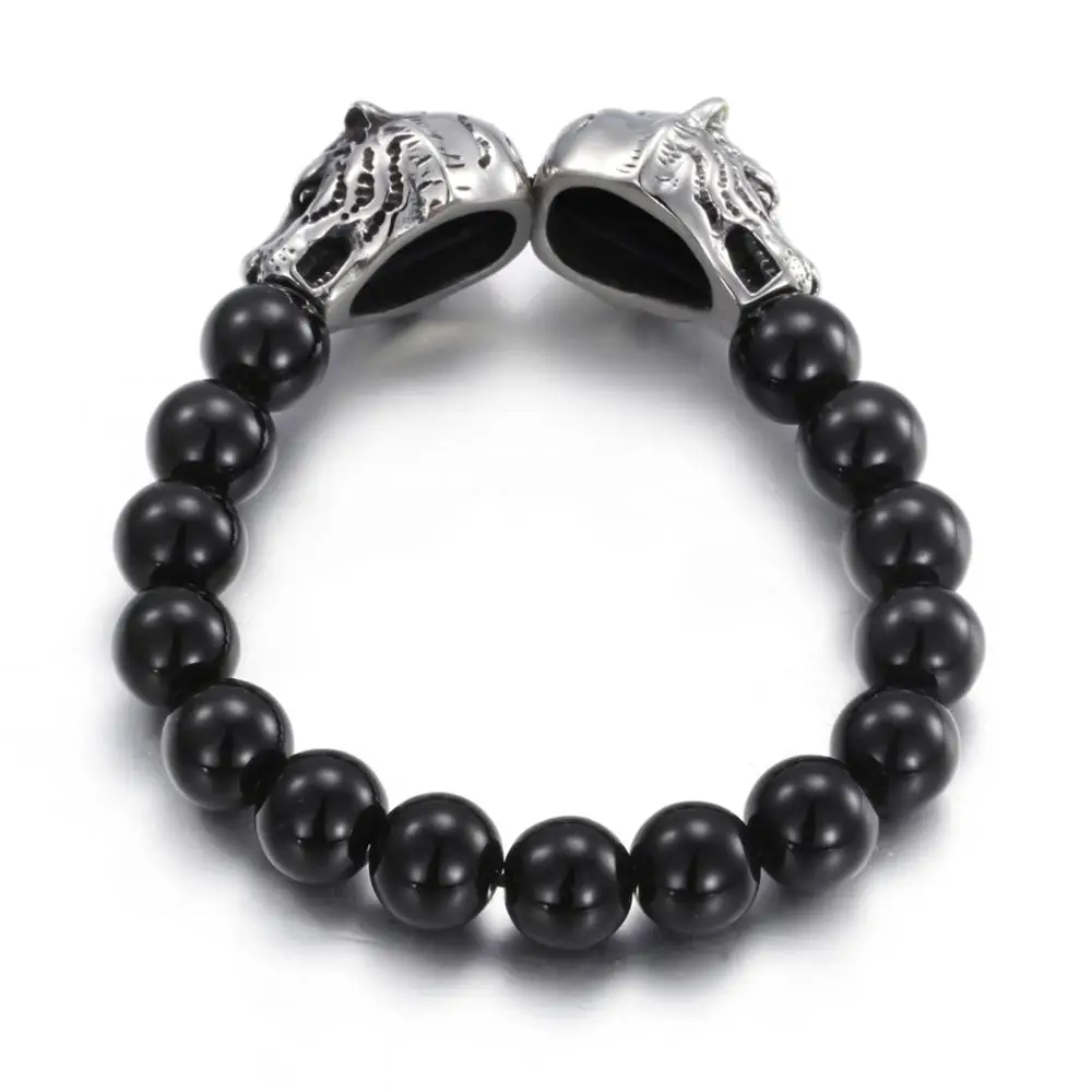 
Fashion Elastic Adjustable Casting Stainless Steel Wolf Head Tiger Dragon Glass Stone Beads Bracelets 